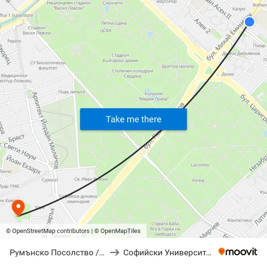 Румънско Посолство / Embassy Of Romania (1489) to Софийски Университет „Св. Климент Охридски“ map