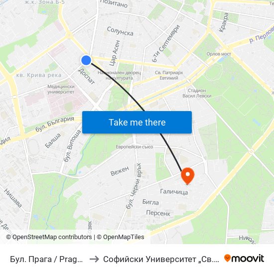 Бул. Прага / Prague Blvd. (0366) to Софийски Университет „Св. Климент Охридски“ map