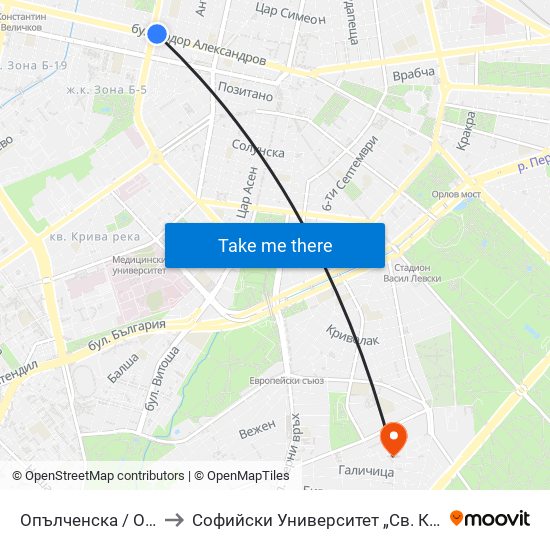Опълченска / Opalchenska to Софийски Университет „Св. Климент Охридски“ map