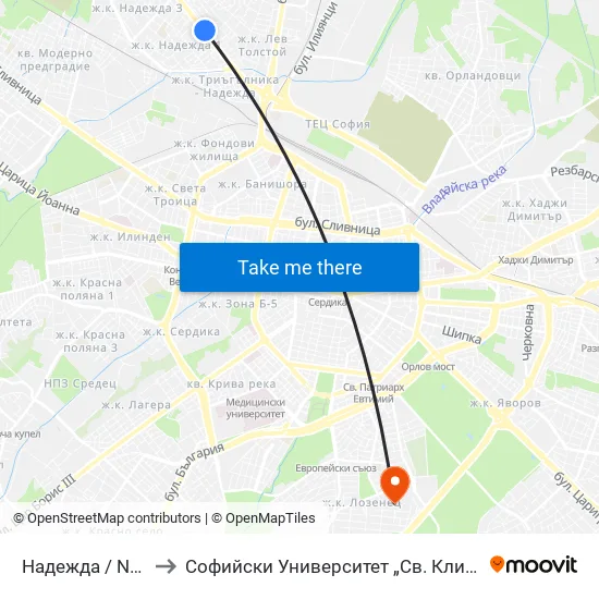 Надежда / Nadezhda to Софийски Университет „Св. Климент Охридски“ map