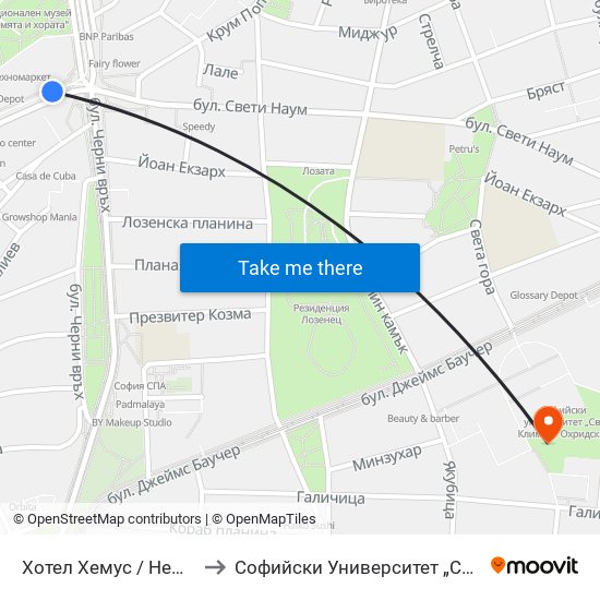 Хотел Хемус / Hemus Hotel (1325) to Софийски Университет „Св. Климент Охридски“ map