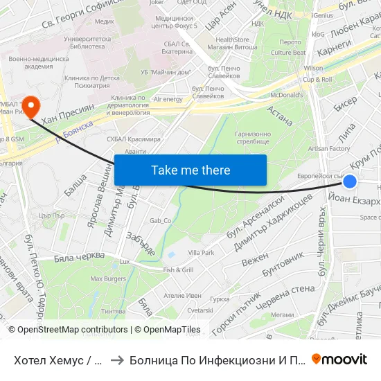 Ⓜ️ Хотел Хемус / Hemus Hotel (2329) to Болница По Инфекциозни И Паразитни Болести Проф. Ив. Киров map