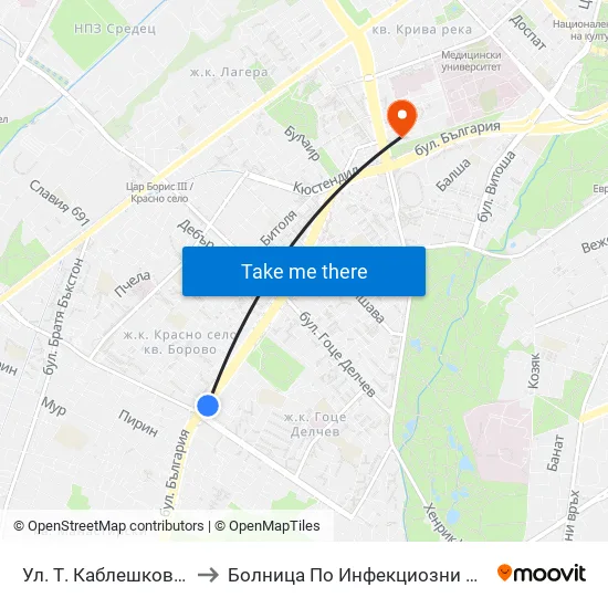 Ул. Т. Каблешков / T. Kableshkov St. (2213) to Болница По Инфекциозни И Паразитни Болести Проф. Ив. Киров map