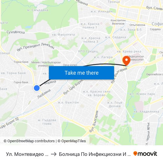 Ул. Монтевидео / Montevideo St. (2050) to Болница По Инфекциозни И Паразитни Болести Проф. Ив. Киров map