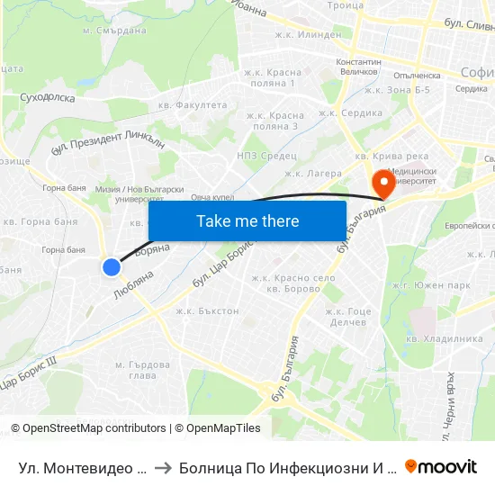 Ул. Монтевидео / Montevideo St. (2050) to Болница По Инфекциозни И Паразитни Болести Проф. Ив. Киров map