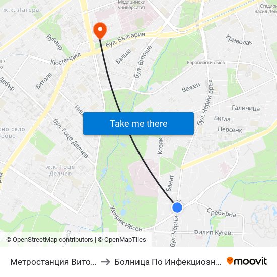 Метростанция Витоша / Vitosha Metro Station (2654) to Болница По Инфекциозни И Паразитни Болести Проф. Ив. Киров map