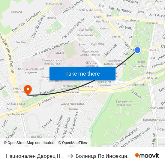 Ⓜ️ Национален Дворец На Културата / National Palace Of Culture (1139) to Болница По Инфекциозни И Паразитни Болести Проф. Ив. Киров map