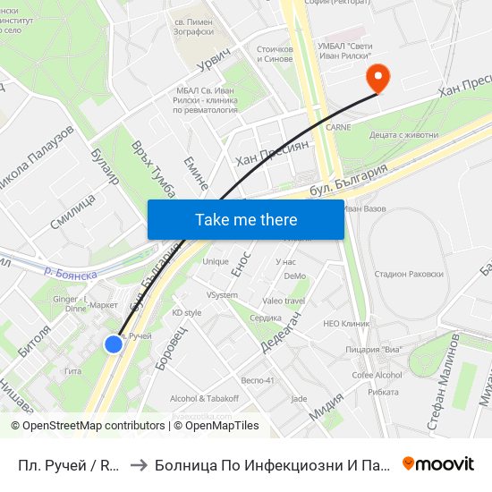 Пл. Ручей / Ruchey Sq. (1306) to Болница По Инфекциозни И Паразитни Болести Проф. Ив. Киров map