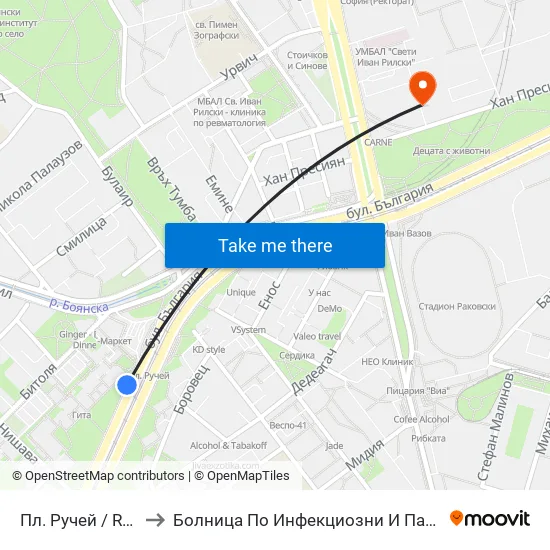 Пл. Ручей / Ruchey Sq. (1306) to Болница По Инфекциозни И Паразитни Болести Проф. Ив. Киров map