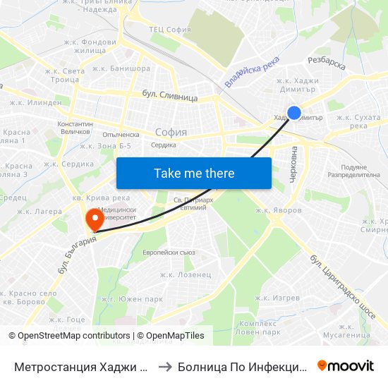 Метростанция Хаджи Димитър / Hadzhi Dimitar Metro Station (0303) to Болница По Инфекциозни И Паразитни Болести Проф. Ив. Киров map