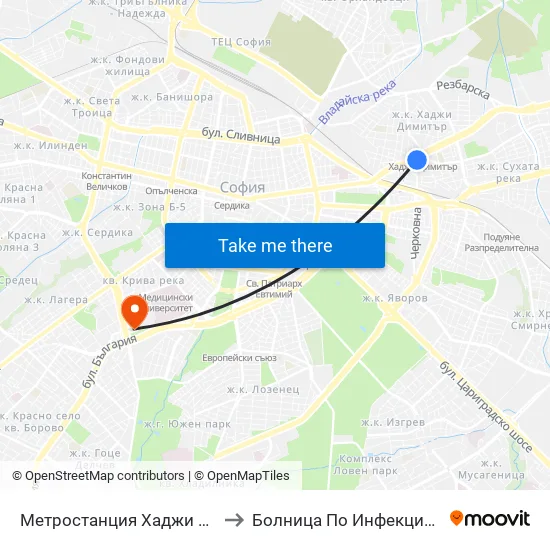 Метростанция Хаджи Димитър / Hadzhi Dimitar Metro Station (0303) to Болница По Инфекциозни И Паразитни Болести Проф. Ив. Киров map