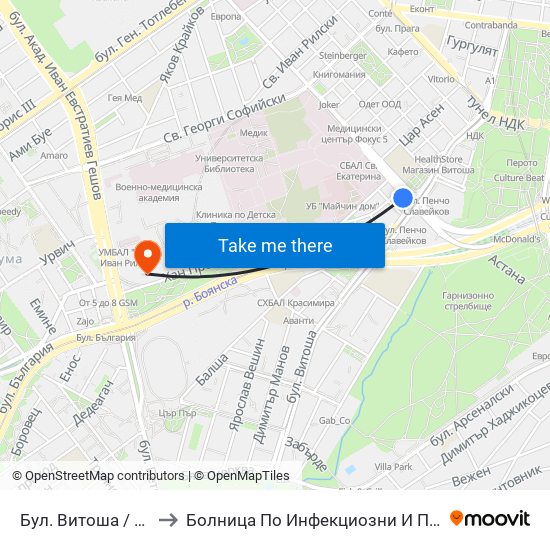 Бул. Витоша / Vitosha Blvd. (0302) to Болница По Инфекциозни И Паразитни Болести Проф. Ив. Киров map