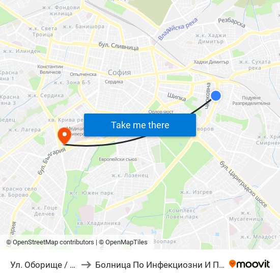 Ул. Оборище / Oborishte St. (2074) to Болница По Инфекциозни И Паразитни Болести Проф. Ив. Киров map