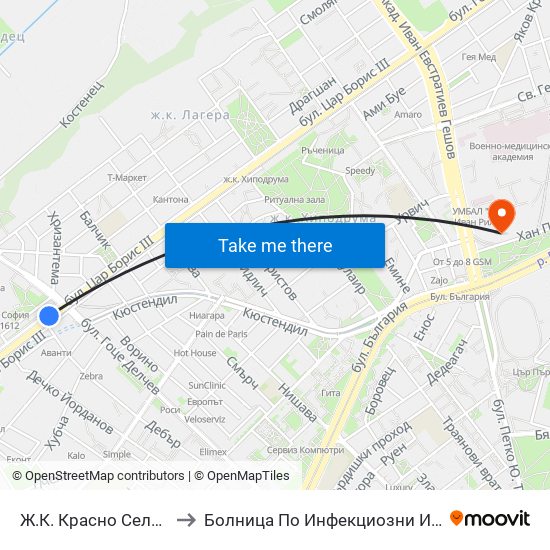 Ж.К. Красно Село / Krasno Selo Qr. (0638) to Болница По Инфекциозни И Паразитни Болести Проф. Ив. Киров map