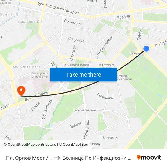 Ⓜ️ Пл. Орлов Мост / Eagles' Bridge Sq. (1290) to Болница По Инфекциозни И Паразитни Болести Проф. Ив. Киров map