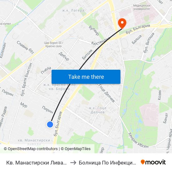 Кв. Манастирски Ливади - Запад / Manastirski Livadi - West Qr. (0582) to Болница По Инфекциозни И Паразитни Болести Проф. Ив. Киров map