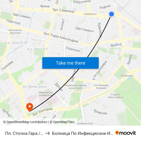 Пл. Сточна Гара / Stochna Gara Sq. (1311) to Болница По Инфекциозни И Паразитни Болести Проф. Ив. Киров map
