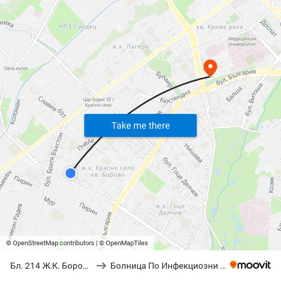 Бл. 214 Ж.К. Борово / Bl. 214, Borovo Qr. (0164) to Болница По Инфекциозни И Паразитни Болести Проф. Ив. Киров map