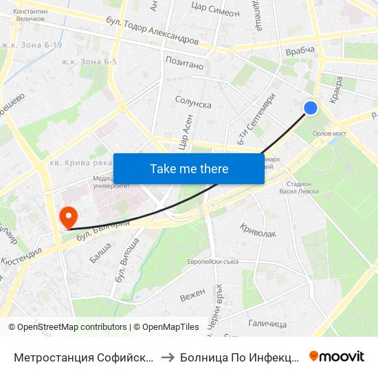 Метростанция Софийски Университет / Sofia University Metro Station (2827) to Болница По Инфекциозни И Паразитни Болести Проф. Ив. Киров map