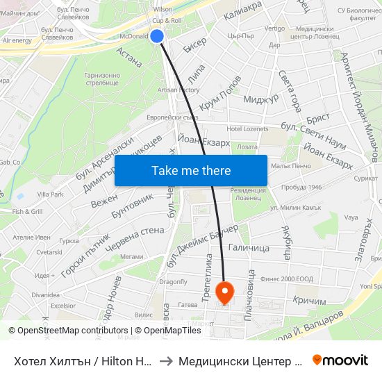 Хотел Хилтън / Hilton Hotel (0397) to Медицински Центер Иновамед map
