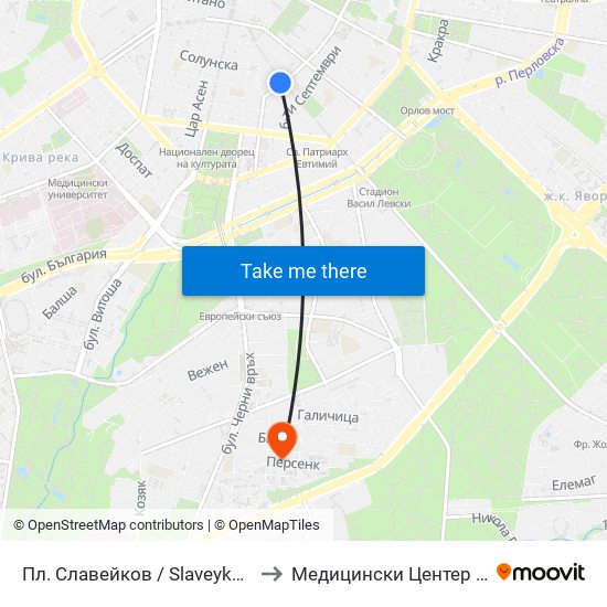Пл. Славейков / Slaveykov Sq. (1908) to Медицински Центер Иновамед map