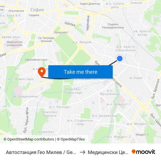 Автостанция Гео Милев / Geo Milev Bus Station (0052) to Медицински Центер Иновамед map