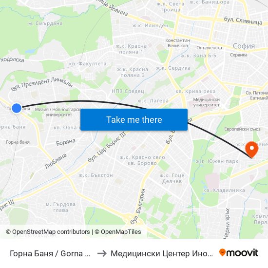 Горна Баня / Gorna Banya to Медицински Центер Иновамед map