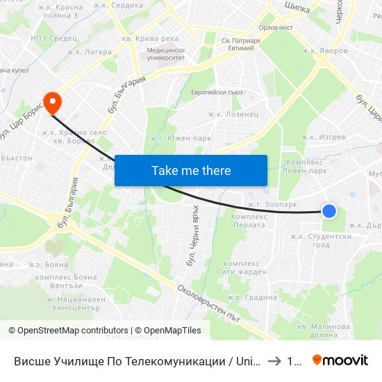 Висше Училище По Телекомуникации / University Of Telecommunications And Post (1396) to 142 ОУ map