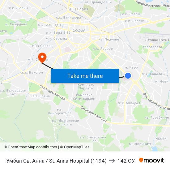 Умбал Св. Анна / St. Anna Hospital (1194) to 142 ОУ map
