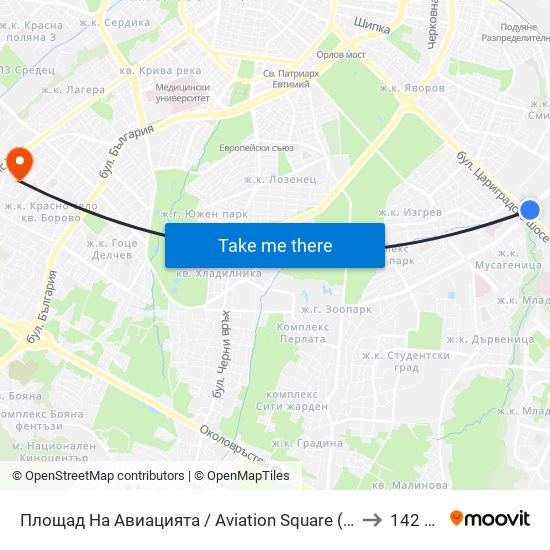 Площад На Авиацията / Aviation Square (1258) to 142 ОУ map