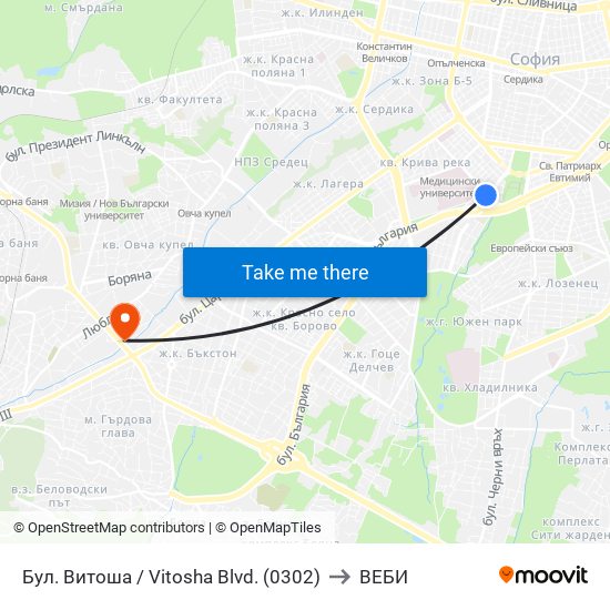 Бул. Витоша / Vitosha Blvd. (0302) to ВЕБИ map