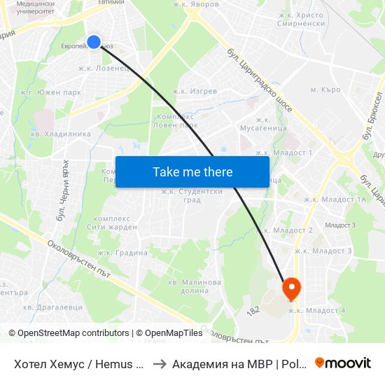 Хотел Хемус / Hemus Hotel (2329) to Академия на МВР | Police Academy map