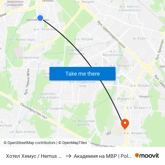 Ⓜ️ Хотел Хемус / Hemus Hotel (2329) to Академия на МВР | Police Academy map