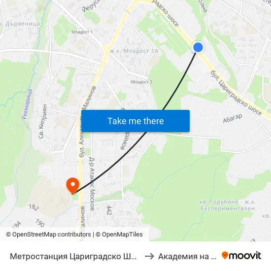 Ⓜ️ Метростанция Цариградско Шосе / Tsarigradsko Shosse Metro Station (1016) to Академия на МВР | Police Academy map