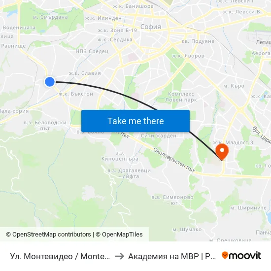Ул. Монтевидео / Montevideo St. (2050) to Академия на МВР | Police Academy map