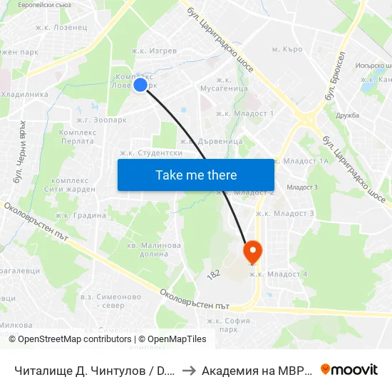 📚 Читалище Д. Чинтулов / D. Chintulov Library (2366) to Академия на МВР | Police Academy map