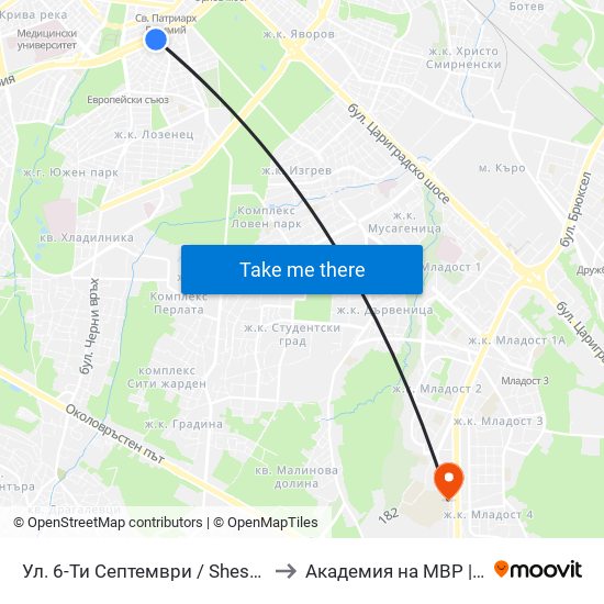 Ул. 6-Ти Септември / Shesti Septemvri St. (1807) to Академия на МВР | Police Academy map