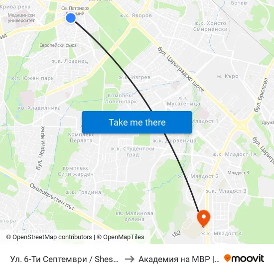 Ул. 6-Ти Септември / Shesti Septemvri St. (1807) to Академия на МВР | Police Academy map