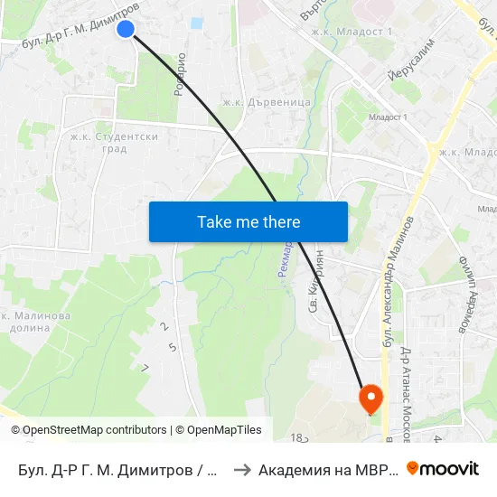 Бул. Д-Р Г. М. Димитров / G. M. Dimitrov Blvd. (0318) to Академия на МВР | Police Academy map