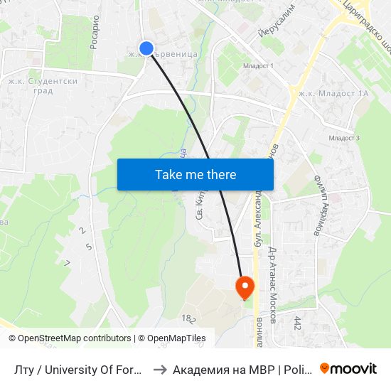 Лту / University Of Forestry (0614) to Академия на МВР | Police Academy map