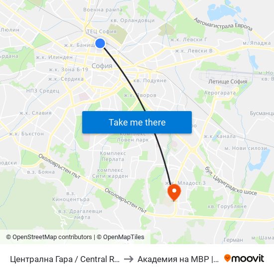 Централна Гара / Central Railway Station (1327) to Академия на МВР | Police Academy map