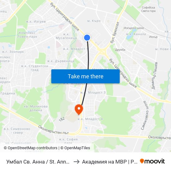 Умбал Св. Анна / St. Anna Hospital (1194) to Академия на МВР | Police Academy map