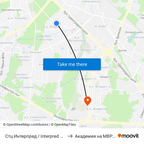 Стц Интерпред / Interpred World Trade Centre (1109) to Академия на МВР | Police Academy map