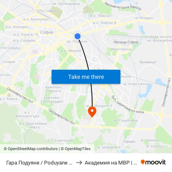 Гара Подуяне / Poduyane Train Station (0466) to Академия на МВР | Police Academy map