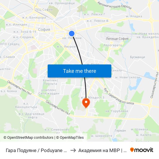 Гара Подуяне / Poduyane Train Station (0468) to Академия на МВР | Police Academy map