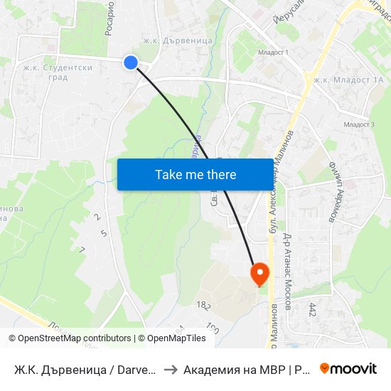 Ж.К. Дървеница / Darvenitsa Qr. (0801) to Академия на МВР | Police Academy map