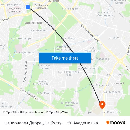 Национален Дворец На Културата / National Palace Of Culture (1134) to Академия на МВР | Police Academy map