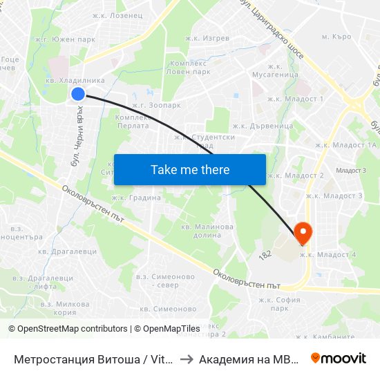Метростанция Витоша / Vitosha Metro Station (2755) to Академия на МВР | Police Academy map