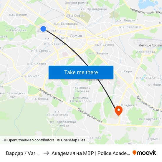 Вардар / Vardar to Академия на МВР | Police Academy map