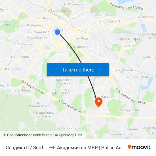 Сердика II / Serdika II to Академия на МВР | Police Academy map